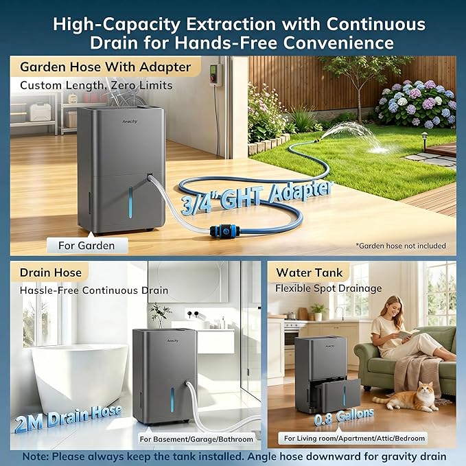 AEOCKY 50 Pint/Day Compressor Dehumidifier, 3500Sq.Ft for Basement, Home, Bedroom, Bathroom, with Drain Hose, 0.8 Gallon Water Tank Capacity, Intelligent Humidistat, Quiet