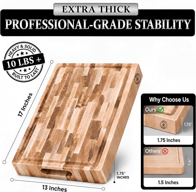 Maple End-Grain Cutting Board (Made in USA) 17" x 13" x 1.75" (10 lbs) | Thick Butcher Block – Juice Groove, Non-Slip Feet – Food-Safe Mineral Oil Finish – Premium Gift Box