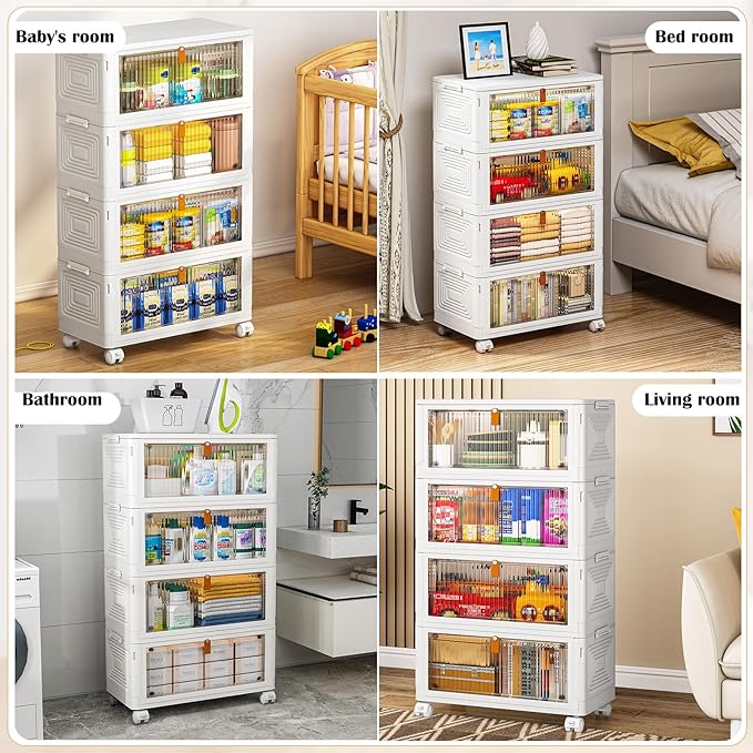 YFXCVSL 4 Tier Plastic Storage Bins with Lid 36QT, Stackable Storage Containers with Wheels, Folding Storage Boxes, Stackable Storage Bins, Organizers and Storage for Living Room,Office,Dorm