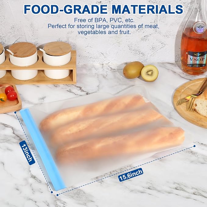 Lerine 5 Pack Reusable 2 Gallon Freezer Bags Dishwasher Safe | 13"x15.6" Large Capacity, BPA-Free, Food-Grade Material, Freezer Safe, Leakproof, Double-Seal, for Marinate Meats, Vegetables