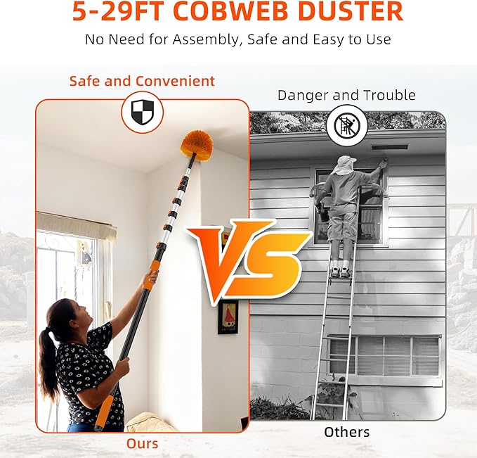 35 FT Reach Cobweb Duster with 5-29FT Telescoping Pole, Dual Action Flip-Lock & Screw Fixing Design, Washable Reusable Duster for High Ceilings, Fans & Home Cleaning