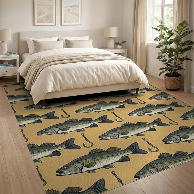 8'x10' Washable Area Rug Bass Lure Hook Motif Tackle Border Angler Lake Vintage Fish Fishing Refined for King Size Bedroom, Master Suite, Under Bed, Foldable Easy Care
