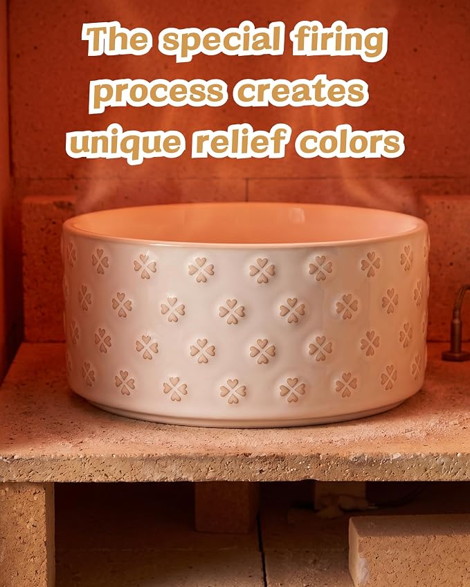 TRUVIC Ceramic Dog Bowl Set of 2 with Wood Stand, Jun Blanc Daisy & Clover Relief Dog Food and Water Bowl Set, 3.5 Cup/28 oz Puppy Food Bowls for Medium Dogs, Dishwasher Safe