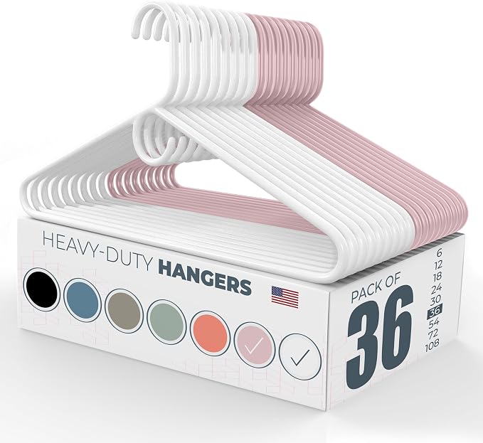 Heavy Duty Clothes Hangers 36 Pack – Made in the USA – 8lb Capacity Plastic Hangers for Adult Clothing – Durable for Pants, Coats, Jackets, or Jeans – White & Pink