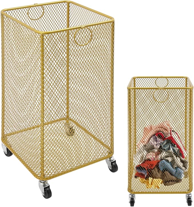Laundry Basket, Large Rolling Fashion Laundry Basket, Dirty Clothes Hamper Cart with Wheels Metal Dorm Room Essentials for Laundry Room, Balcony, Bathroom, Bedroom, Kitchen (Gold, Square)
