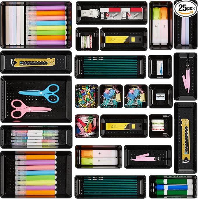 Vtopmart 25 PCS Office Desk Drawer Organizers Set, 4-Size Versatile Plastic Drawer Organizer Trays, Storage Bins for Desk Accessories Office Organizers and Storage, Bathroom, Makeup, Vanity, Black