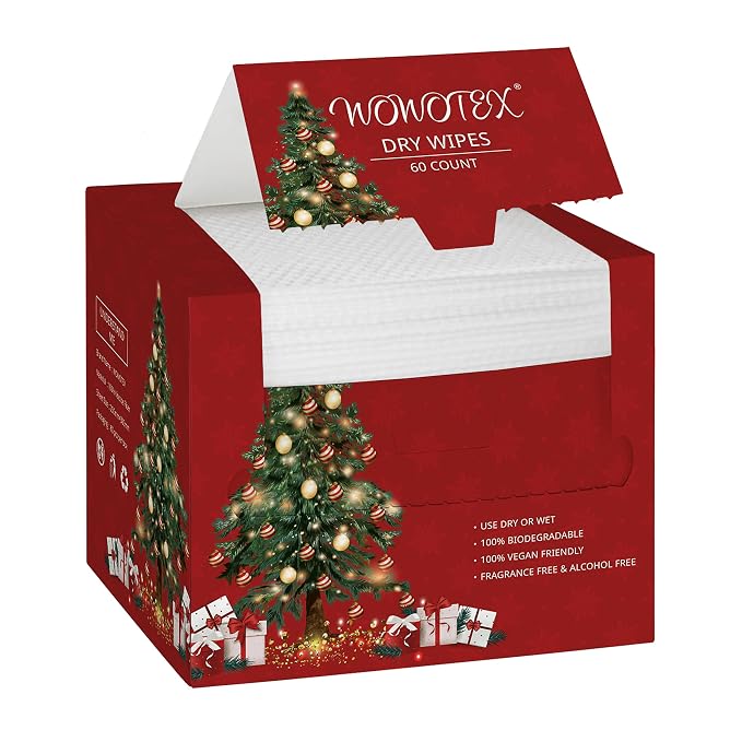 Christmas Style WOWOTEX Disposable Face Towels 60 Count Large Dry Wipes | 10"×12", Extra Thick Soft and Sensitive Skin friendly, Clean Facial Towels for Skincare, Makeup Removal and Facial Cleansing