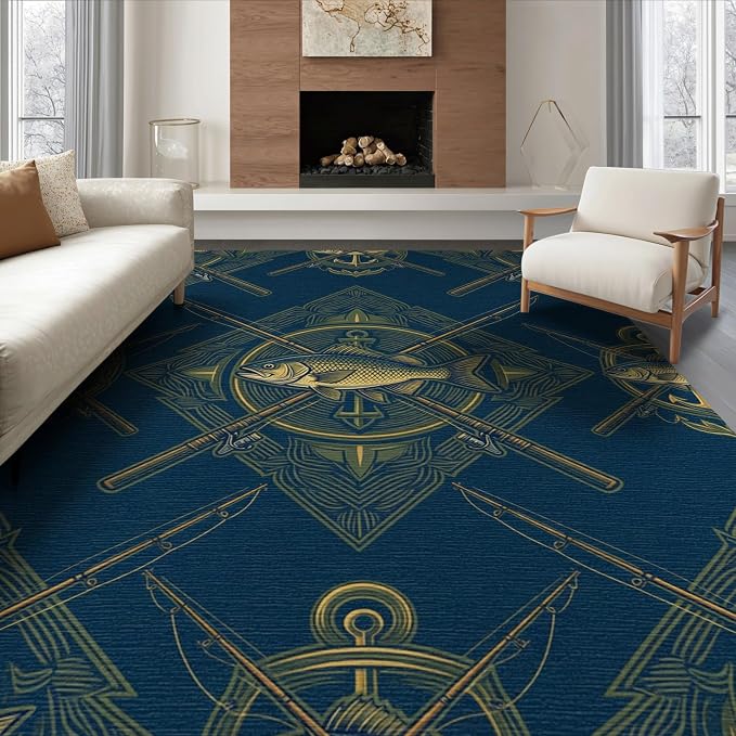 8'x10' Washable Area Rug Bass Nautical Wildlife Icons Lure Tackle Motif Border Fish Fishing Refined Foldable Easy Care for King Size Bedroom, Master Suite, Under Bed