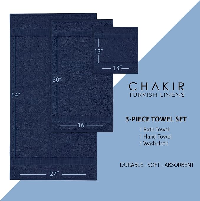 Chakir Turkish Linens Personalized 3 Piece Towel Set, 100% Cotton Luxury Turkish Towels for Bathroom, Soft Absorbent Towel Set with Bath Towel Hand Towel and Washcloth, Navy