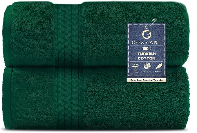 COZYART Luxury Bath Towels 2 PCS, Dark Green 100% Turkish Cotton 650 GSM | OEKO-Tex 100 Certified Zero Twist Ring Spun, Soft Absorbent Quick Dry, Plush Fluffy, Breathable Hotel Quality for Daily Use
