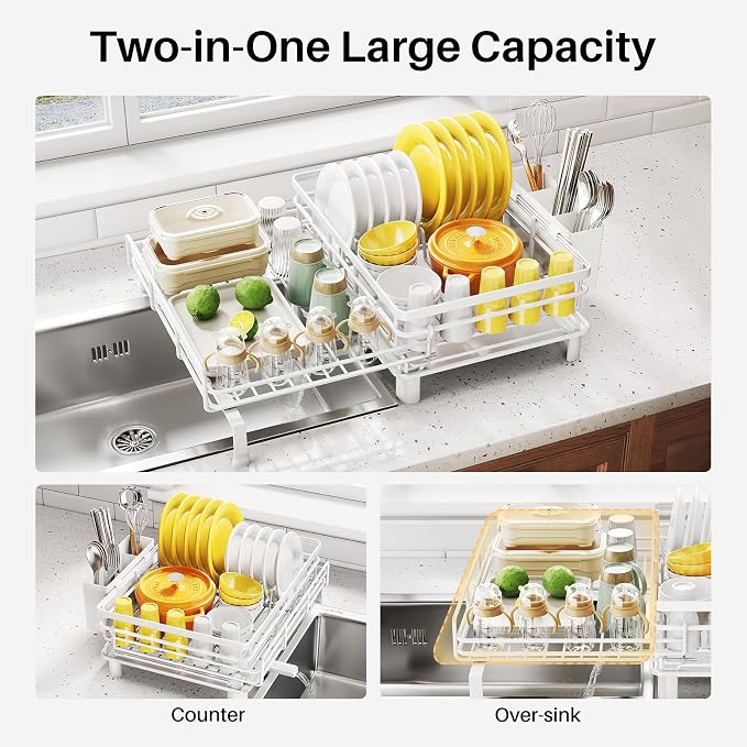Expandable Dish Drying Rack for Kitchen Counter, Stainless Steel, White | Foldable Over Sink, Large Capacity, Adjust to Fit Most Sinks, Angled Drainboard, Removable Utensil Holder, Slip Resistant