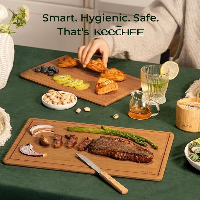 Keechee 2Pcs Cutting Board Set with Non-slip Mat, Bamboo Cutting Boards for Kitchen Meal Prep & Serving - Wood Serving Board Sets with Deep Juice Groove Ideal Kitchen Gifts