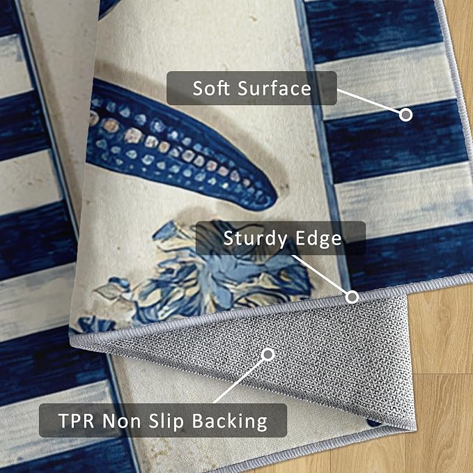 4x10 Marine Life Runner Rug for Hallway, Washable Seahorse Coral Reef Rug Runner Non Slip, Blue Seashell Home Decor Carpet for Kitchen, Bedroom, Entryway, Laundry Room, Ultra Thin Soft H234