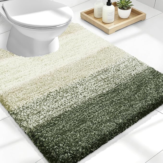 OLANLY Luxury Toilet Rugs U-Shaped 24x20, Extra Soft and Absorbent Microfiber Bathroom Rugs, Non-Slip Plush Shaggy Bath Mat, Machine Wash Dry, Contour Bathroom Mats for Toilet Base, Dark Green