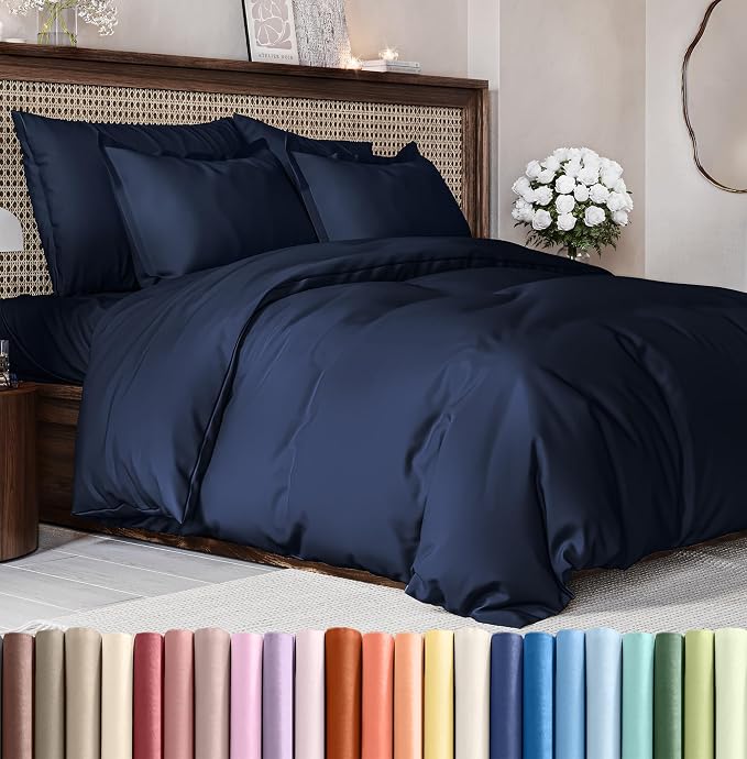 Duvet Cover Queen Size Set - Extra Soft Queen Duvet Cover 90" x 90" with 2 Pillow Shams for Women, Men, Kids & Teens - Hotel Luxury with Zipper Closures & Ties - Comfy, Cozy & Breathable (Navy Blue)