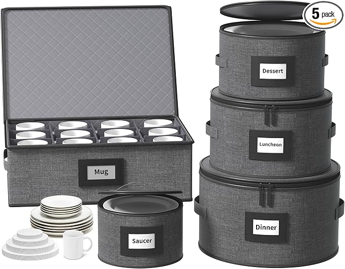 Aokeyee 5-Piece China Storage Containers Set, Hard Shell Moving Boxes for Dishes, Plates & Mugs – Dinnerware Organizer with Soft Felt Dividers, Sturdy Handles & Zippers, Grey