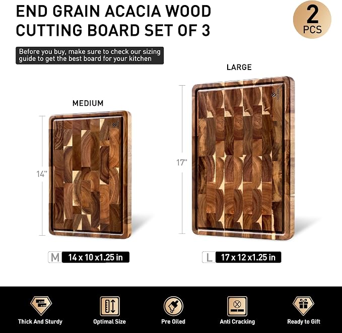 End Grain Cutting Board Set of 2 with Non-slip Feet, Reversible Acacia Wood Cutting Boards for Kitchen with Juice Grooves and Handles Non Toxic Chopping Board Butcher Block Serving Tray Kitchen Gift