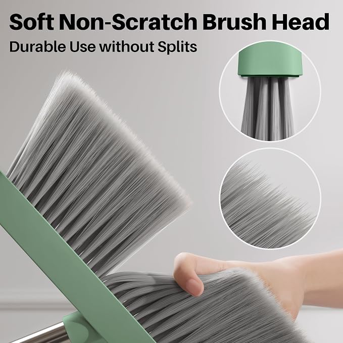 JOYMOOP Dark Teal Green Broom and Dustpan Set, Upright Angle with Built-in Comb Teeth, Ideal for Home, Office, Hardwood, Pet Hair