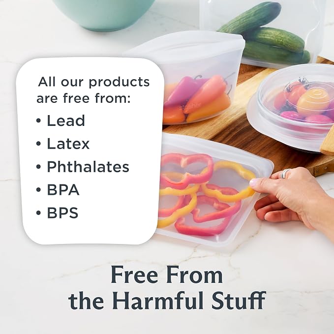 Stasher Reusable Silicone Bags and Stretch Lids, 10-Pack Starter Kit, Clear | Food-Safe Silicone, Eco-Friendly, Reusable Freezer Bags, Microwave, Dishwasher, Oven, Snack Bags, Lunch Containers, Meal Prep