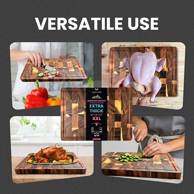 (1.7" Extra Thick & Large) 20"x15" American Black Walnut Wood End Grain Cutting Board for Kitchen with Juice Groove, Heavy-Duty Butcher Block, Wooden Chopping Board, Charcuterie Boards