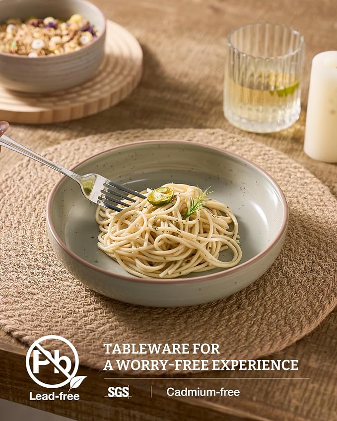 famiware Milkyway 33 oz Bowl Set, Pasta Bowls Set of 8, Salad Bowls, Double Reactive Glaze, Sturdy & Stackable, Ideal for Housewarming, Festivals, Matcha Green with Speckles
