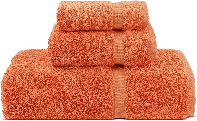 Chakir Turkish Linens Personalized 3 Piece Towel Set, 100% Cotton Luxury Turkish Towels for Bathroom, Soft Absorbent Towel Set with Bath Towel Hand Towel and Washcloth, Coral