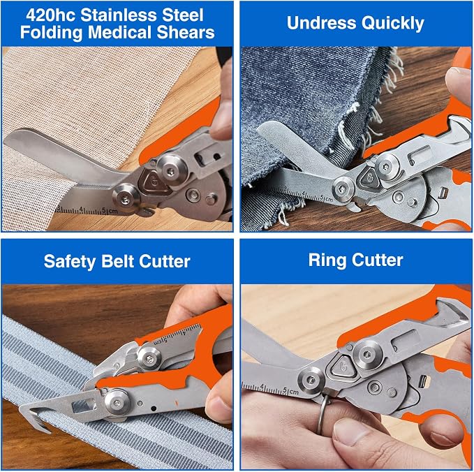 Heavy Duty 6 in 1 Multifunctional Trauma Shears Foldable | Stainless Steel emergency response scissors | Survival Shears with Holster | Medical Trauma shears Tactical With Strap Cutter | Orange