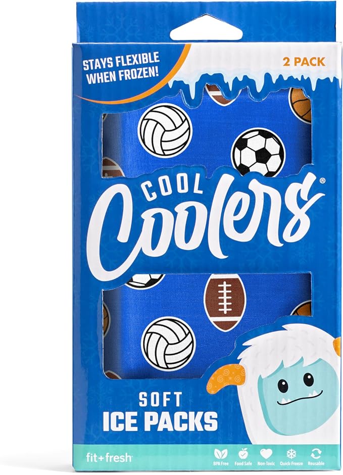 Fit & Fresh Cool Coolers 2 Pack Soft Ice for Lunch Bags, Flexible Stretch Nylon, Durable, Reusable Lunch Box Ice Packs, Soft Ice, Reusable Freezer Packs, Lunch Ice, Easy to Clean, Sports Balls