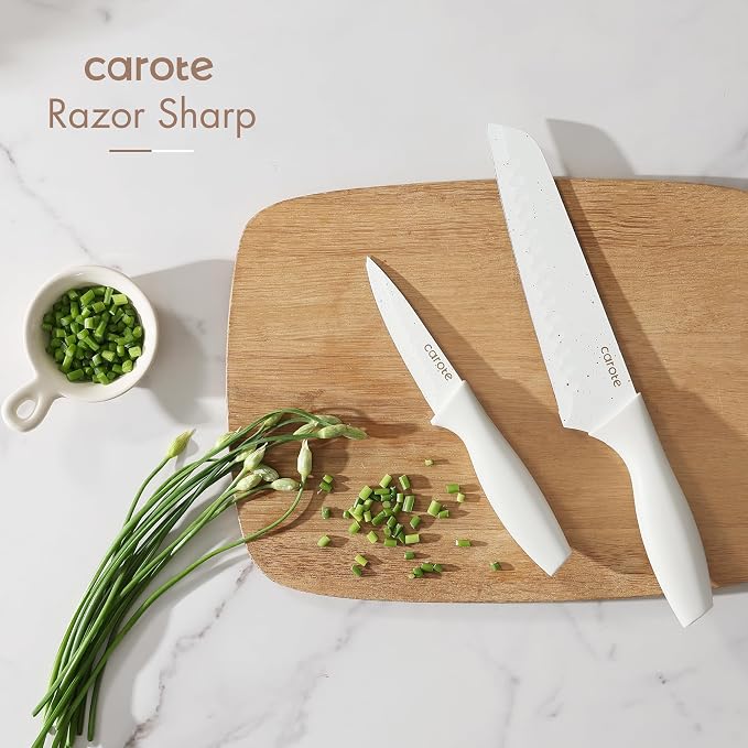 CAROTE 15-Piece Knife Set, Wood Block with Built-In Sharpener, Cream | Stainless Steel Knives, Ceramic Nonstick Coating, Long-Lasting Sharpness, Rust-Resistant, Non-Slip Handles, Dishwasher Safe