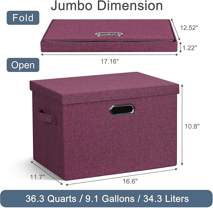 Graciadeco Large 17" 36 Quart Collapsible Stackable Storage Bins with Lids, 3 Packs Purple Linen Fabric Closet Boxes with Lids, Storage Cube Baskets Container Organizers for Bedroom Office (17x12x11)