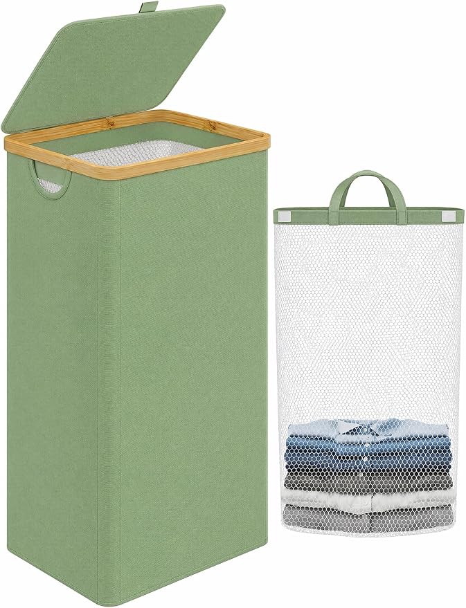 iEGrow Laundry Basket with Lid, 110L Large Laundry Hamper with Banboo Handle, Dirty Clothes Hamper with Removable Inner Bag for Laundry Room Organization- Green