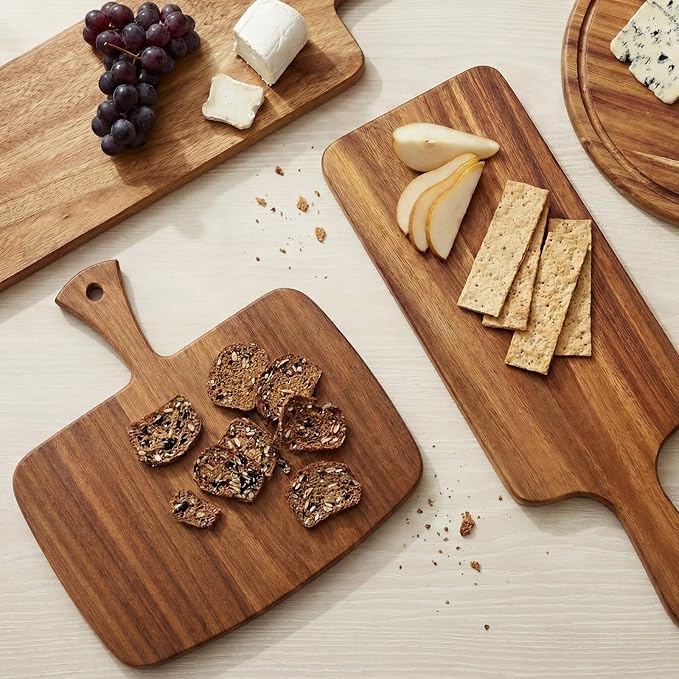 Nuenen Wood Cutting Board with Handle 12x11x0.47 Inch Acacia Bamboo Wooden Serving Kitchen Chopping Boards for Pizza, Bread, Cheese, Charcuterie, Fruit, Vegetables(1 Pcs, Acacia)