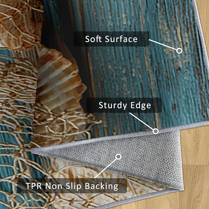 3x6 Seashell Theme Runner Rug for Hallway, Washable Coastal Wood Grain Rug Runner Non Slip, Seashell Fishing Net Home Decor Carpet for Kitchen, Bedroom, Entryway, Laundry Room, Ultra Thin Soft