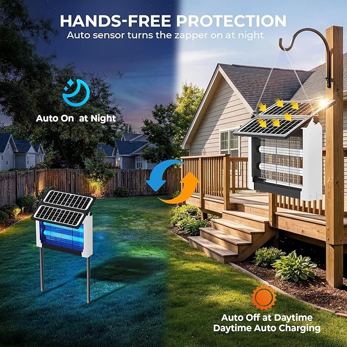 Upgraded Solar Bug Zapper Outdoor with Dual Panels, 4500V Cordless Rechargeable Fly Insect Killer Waterproof Electric Mosquitoes Zapper for Patio Garden Backyard RV Camping Pond