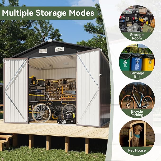 Aoxun 8x6 FT Shed Outdoor Storage Shed, Brown | Metal Shed with Lockable Doors & Slooping Roof Garden Tool Shed for Backyard, Patio, Poolside