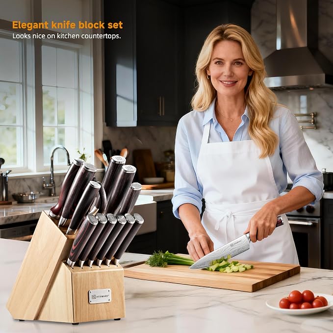 14 Pcs Kitchen Knife Set with Block, Ultra Sharp Knife Block Set | Japanese High Carbon Stainless Steel, Professional Chef Knife Set with Ergonomic Pakkawood Handle and Sharpener