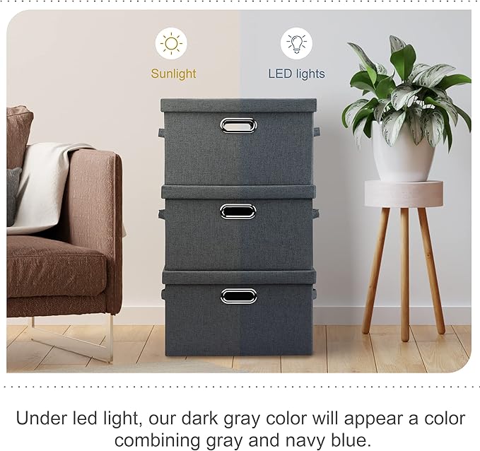 Graciadeco Medium 15" 21 Quart Collapsible Stackable Storage Bins with Lids, 3 Packs Dark Grey Foldable Fabric Closet Boxes Heavy-duty Linen Cube Baskets Container for Bedroom Office (15 x 11 x 8)