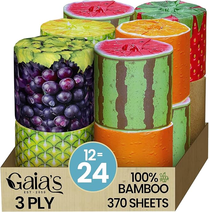 Gaias Premium and Soft Fruit TP Organic Bamboo Toilet Paper | 12 Mega Rolls, 3 Ply, 370 Sheets | FSC Certified, PFAS & BPA Free, Eco-Friendly, Sustainable Tissue - Plastic Free, Septic Safe, Vegan