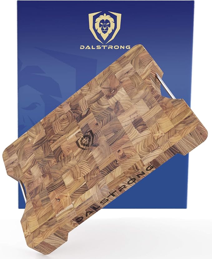 Dalstrong Cutting Board-Lionswood End-Grain Teak-16" x 12"-Steel Carrying Handles-Serving Board - Large Cutting Boards For Kitchen-Chopping Meat Cutting Board-Two Sizes