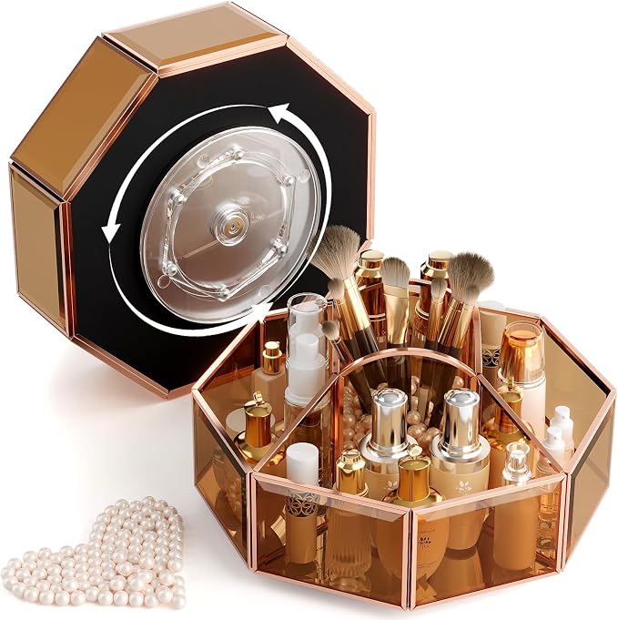 CoralHouse 360° Rotating Makeup Organizer Spinning Vanity Organizer with Makeup Brush Holder for Countertop, Bathroom Storage, Skincare, Perfume & Cosmetic Organizer for Vanity(Black)