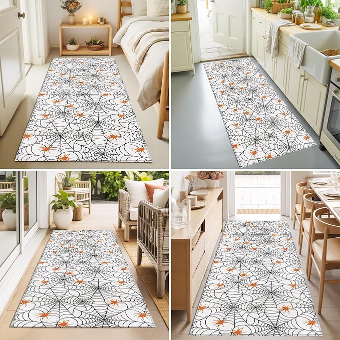 Hallway Runner Rug 2'x6', Halloween Washable Bathroom Area Rugs for Kitchen Bedroom Laundry, Black Net Classic Spiders Gingham Orange Non Slip Door Mat Indoor Entrance Floor Throw Bedsides Carpet