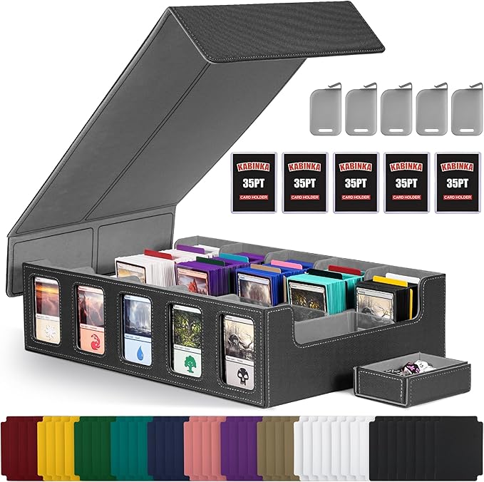 Kabinka Trading Card Storage Box with Commander Display, 5-Row Deck Case with Removable Lid; 3900+ Card Organizer for MTG TCG PTCG Sports Card, Top Loaders Storage Box (Black)