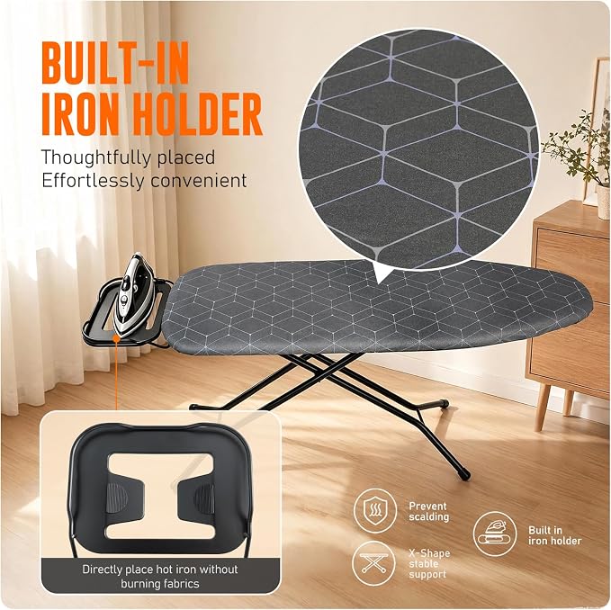 Ironing Board with Iron Rest – 45 x 13 Inch Full Size Foldable Board – Adjustable Height Steel Mesh Surface – Gray Padded Cotton Cover