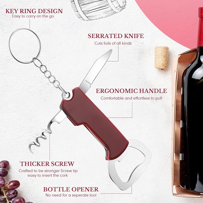 Ziliny 24 Pcs Bottle Opener Keychain Bulk Wine Bottle Beer Opener Keychain 3.27" Stainless Steel Corkscrew Waiter Corkscrew Wine Keyring Gifts for Christmas Bar Party Wedding Home (Red)