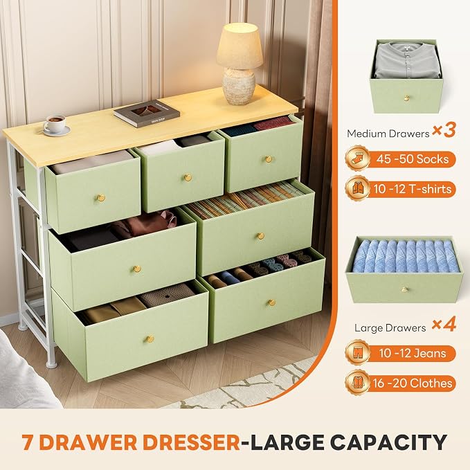 Sweetcrispy 7 Drawer Dresser with Fabric Bins, Fabric Storage Tower Organizer for Bedroom, Closet, Hallway, Entryway, Tall Chest of Drawers with Steel Frame, Wood Top, Large Storage,Light Green