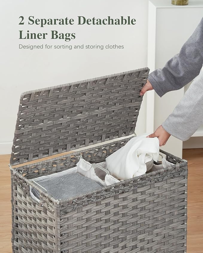 SETVSON Laundry Hamper with Lid, 112 L Handwoven PE Rattan Wicker, Gray | 2-Section Large Basket, 2 Removable Liner Bags, Heightened Metal Feet, 6 Mesh Laundry Bags, Foldable Side Handles