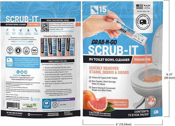 Unique Scrub-It Foaming RV Toilet Cleaner - Pink Pomelo Scent, 15 Count Stick Packs, Premeasured, No-Mess, Grab-N-Go Powder Removes Stains from RV Toilet Bowls, Helps Lubricate Valves and Seals