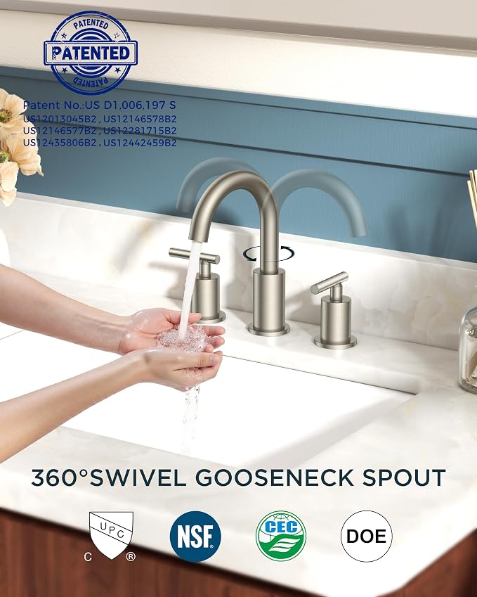 FORIOUS 2 Pack Brushed Nickel Bathroom Faucet 3 Hole with Pop Up Drain and 24" Supply Hose, 2 Handle 8 in Widespread 3 Hole Vanity Faucet for Bathroom Sink Brush Nickel with 360° Swivel Spout