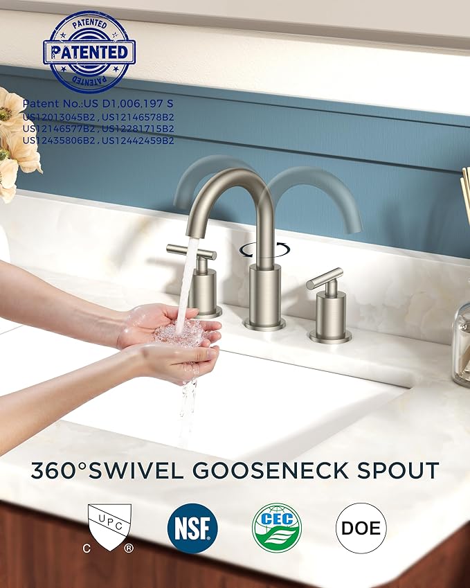 FORIOUS Brushed Nickel Bathroom Faucet 3 Hole with Metal Pop Up Drain and 24" Supply Hose, 2 Handle 8 Inch Widespread 3 Hole Vanity Faucet for Bathroom Sink Brush Nickel with 360° Swivel Spout