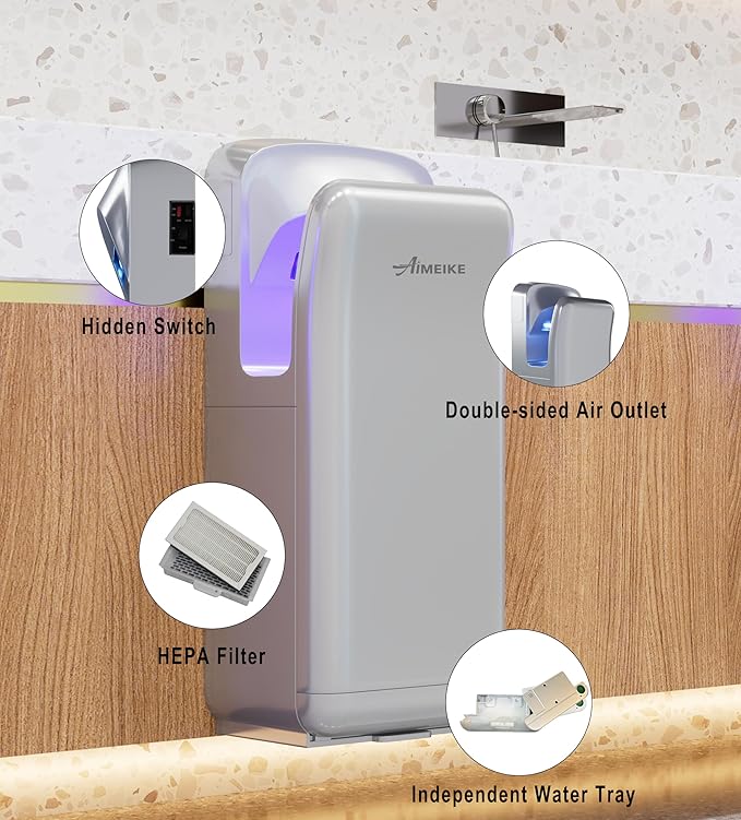Commercial Vertical Hand Dryer, 110V High Speed, Silver | Touchless electric hand dryer for bathrooms, restrooms, offices, hotels, schools, and high-traffic public spaces.